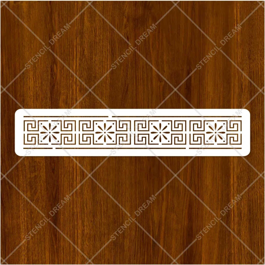 Close-up view of intricate floral and geometric details on Botanic Greek Key Border Flexible Stencil
