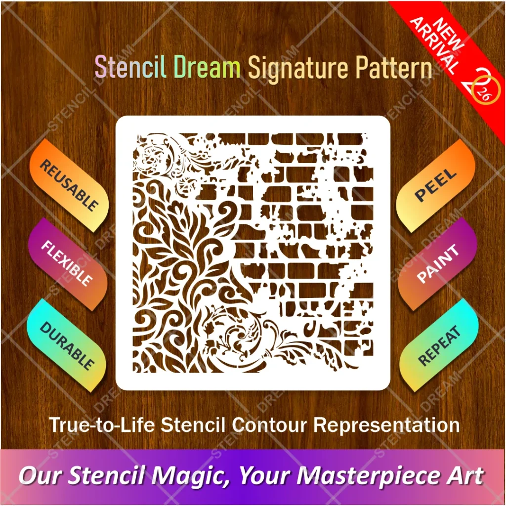 Reusable brick pattern wall stencil template on a white background.