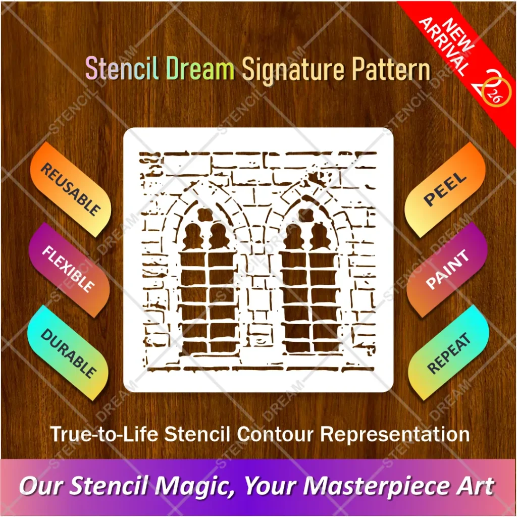 Reusable brick wall window stencil for painting featuring Gothic arch design