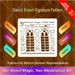 Reusable brick wall window stencil for painting featuring Gothic arch design