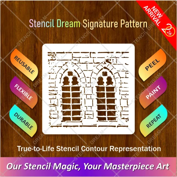 Reusable brick wall window stencil for painting featuring Gothic arch design