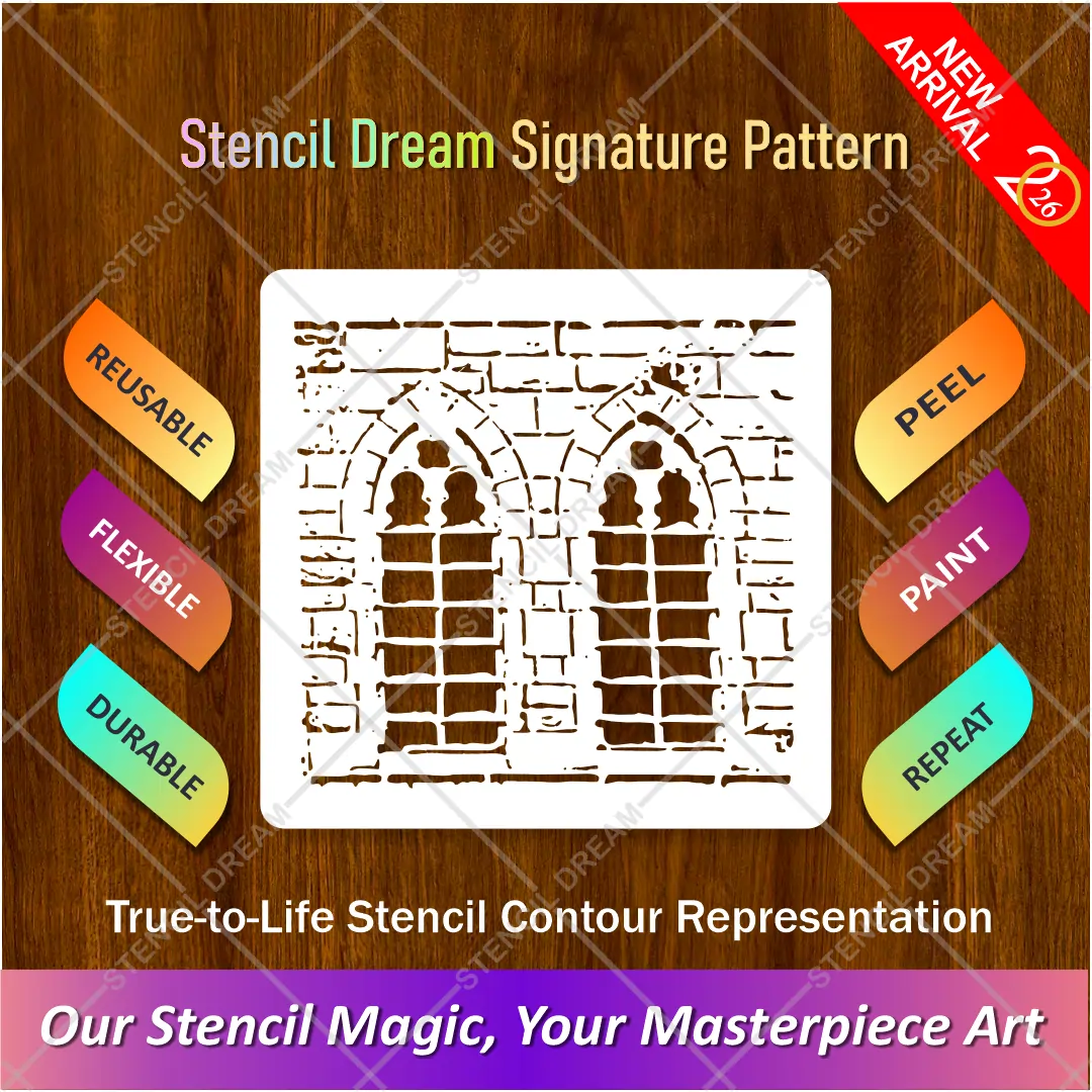 brick-wall-window-stencil-for-painting-pattern Reusable brick wall window stencil for painting featuring Gothic arch design