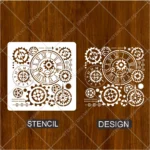 Close-up of flexible steampunk gear stencil bending smoothly around a curved wooden surface.