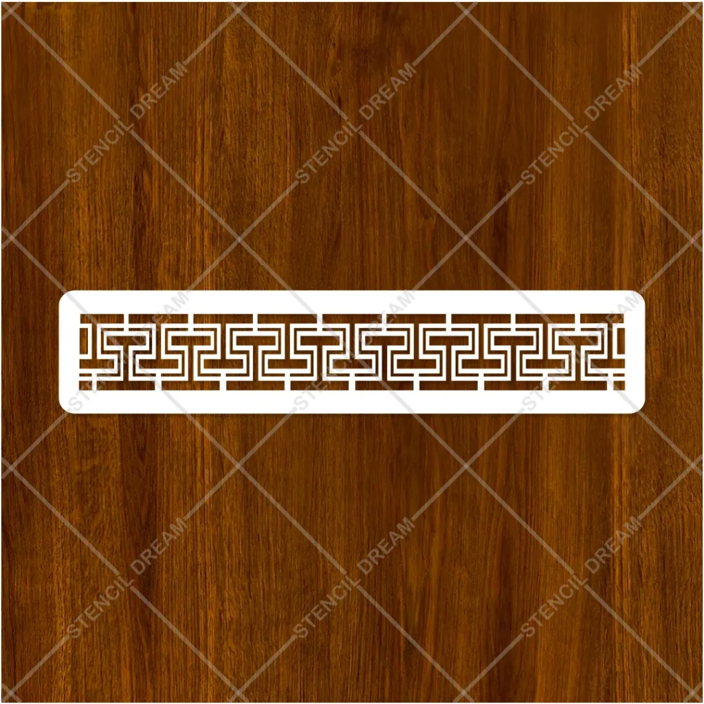 Painting a black Greek key geometric border along the top of an accent wall using a stencil brush.