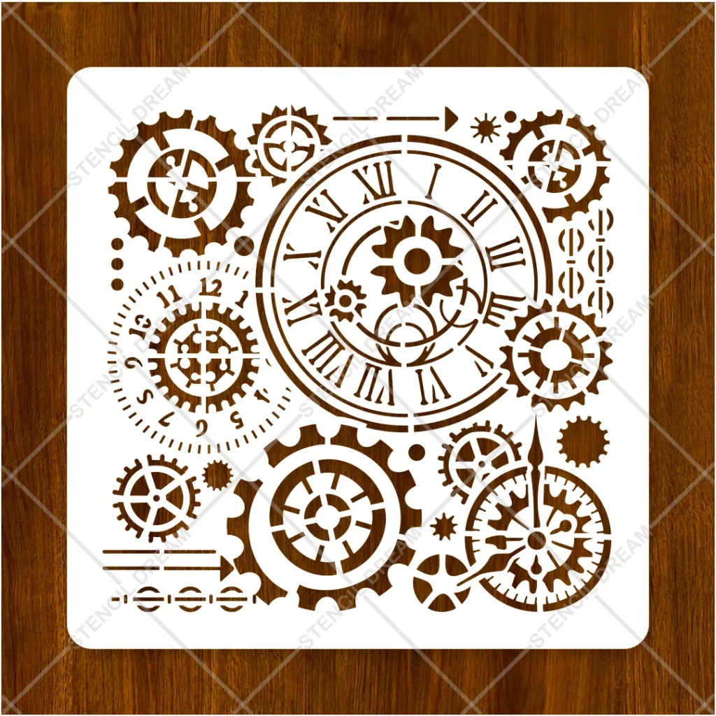 Black and bronze painted steampunk gear clock design on a rustic brick wall.