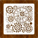 Black and bronze painted steampunk gear clock design on a rustic brick wall.