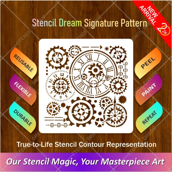 Reusable steampunk gear clock stencil template on a clean white background.