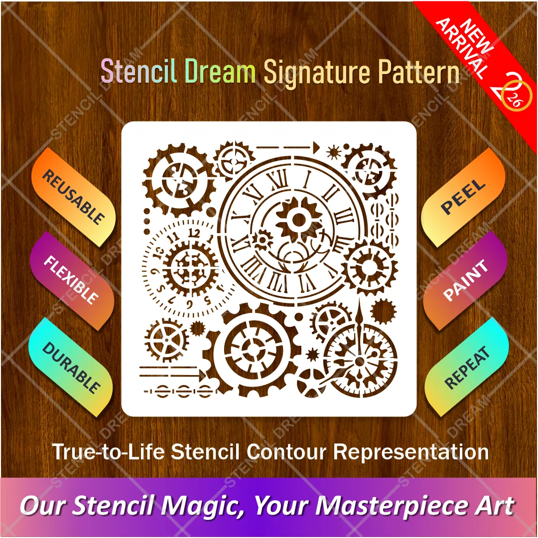 steampunk-gear-clock-stencil-main Reusable steampunk gear clock stencil template on a clean white background.