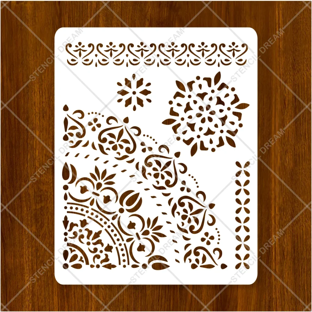 Close-up view of detailed leaf scrollwork on Floral Ornamental Corner & Border Flexible Stencil