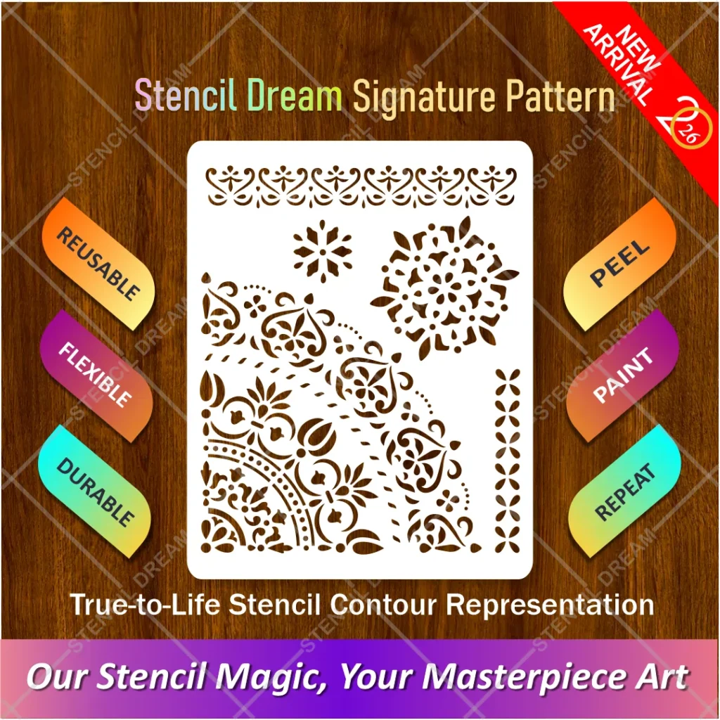 Floral Ornamental Corner & Border Flexible Stencil for creating decorative botanical framesv