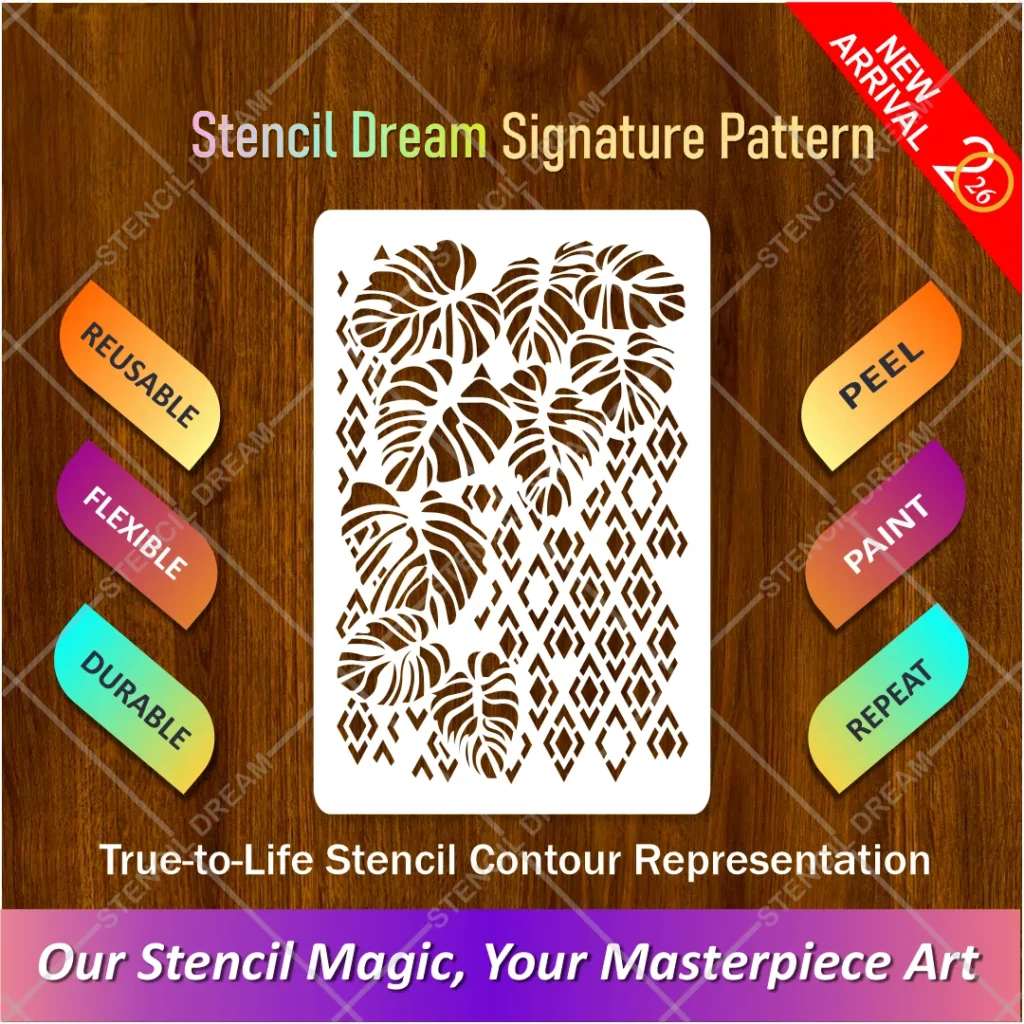 Modern Monstera Pattern Flexible Stencil for painting tropical leaf feature walls