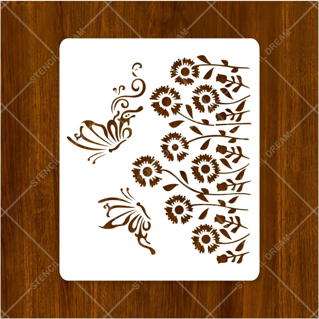 Close-up view of delicate butterfly wing cutouts on Butterfly Floral Vine Flexible Stencil