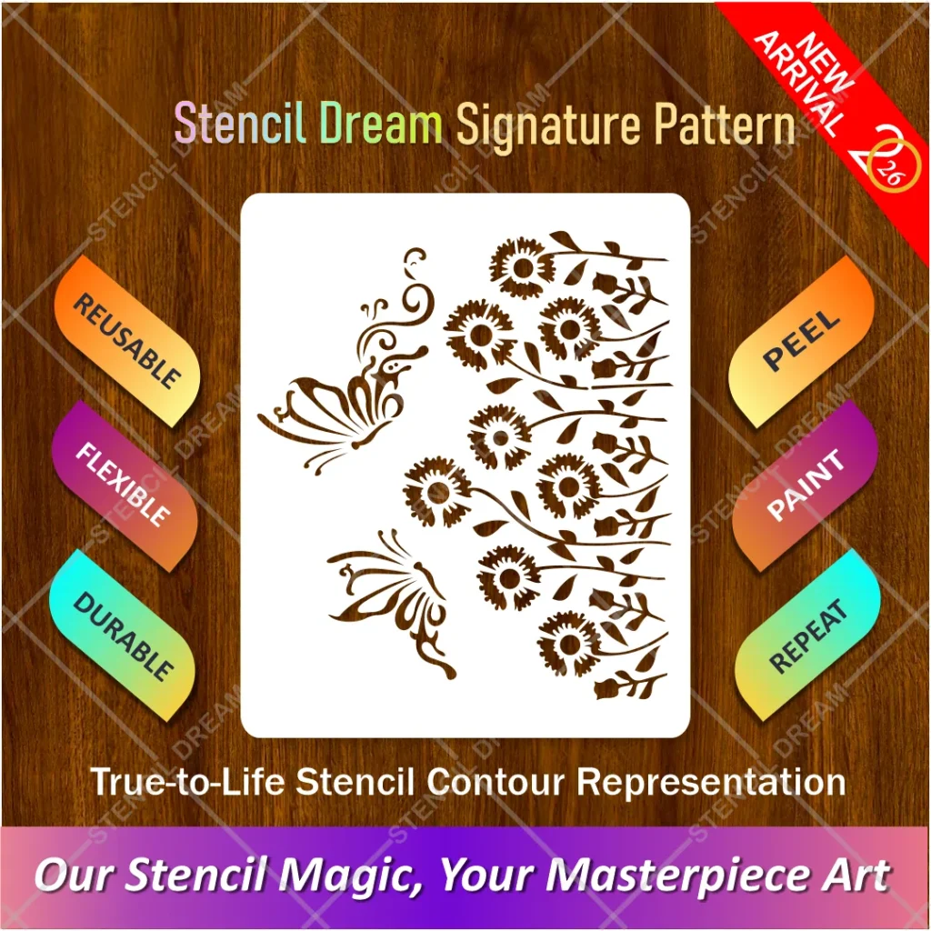 Butterfly Floral Vine Flexible Stencil for painting garden wall murals