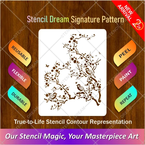Cherry Blossom Bird Flexible Stencil for painting Japanese-inspired floral wall murals