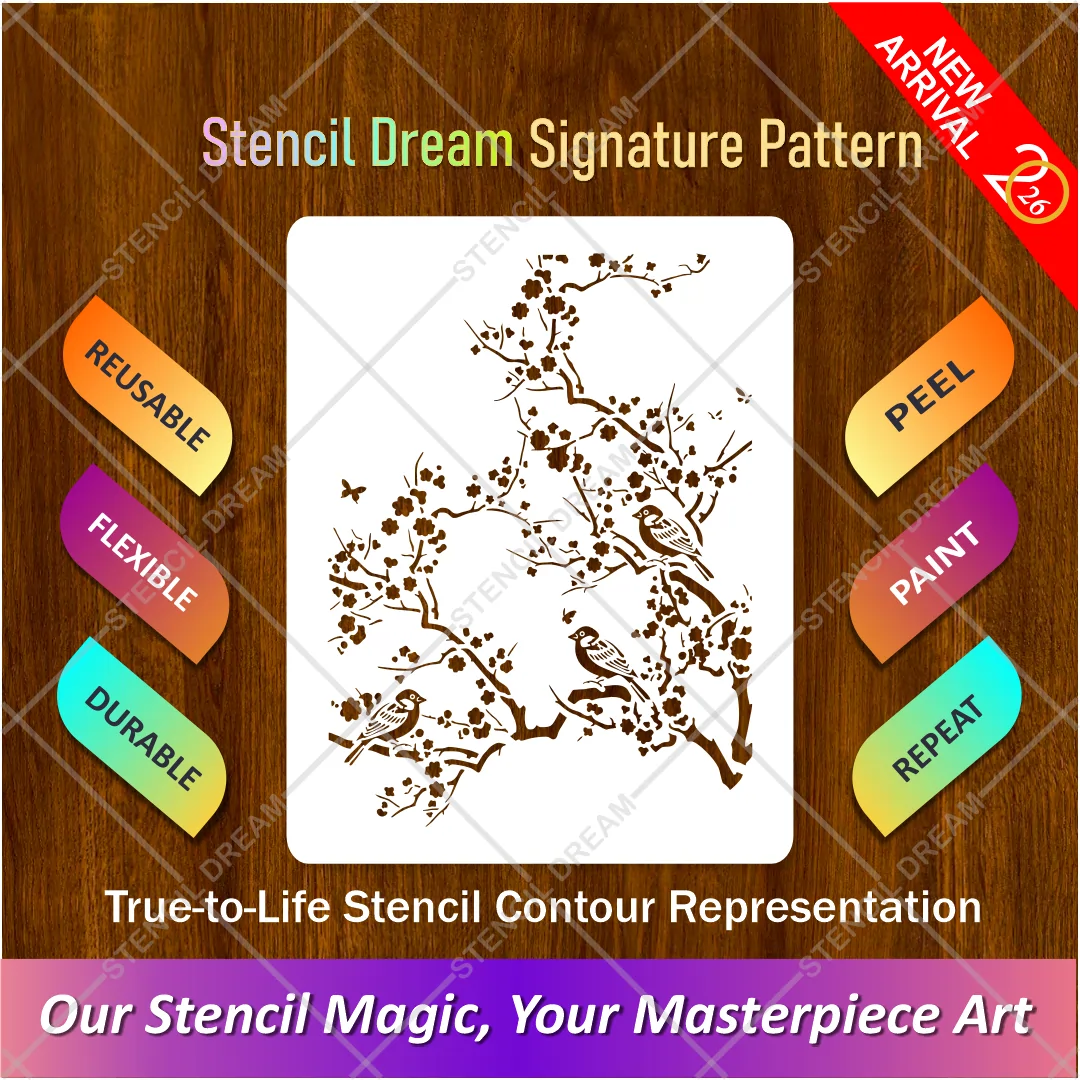 cherry-blossom-bird-flexible-stencil-main.webp Cherry Blossom Bird Flexible Stencil for painting Japanese-inspired floral wall murals
