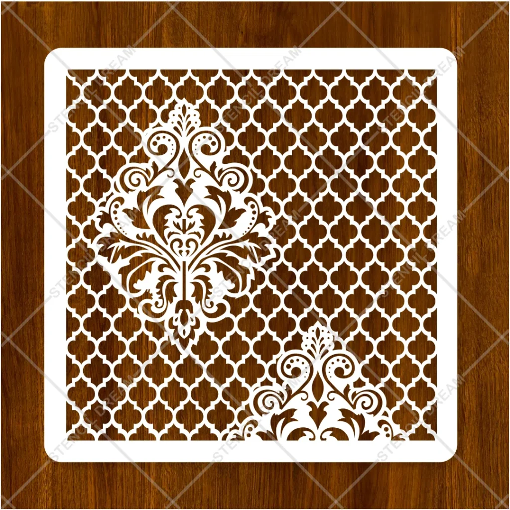 Close-up view of intricate damask lattice details on Damask Moroccan Tile Flexible Stencil